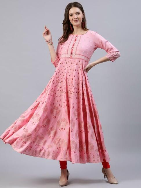 jaipur kurti pink embellished flared kurta