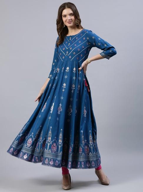 jaipur kurti blue embellished flared kurta