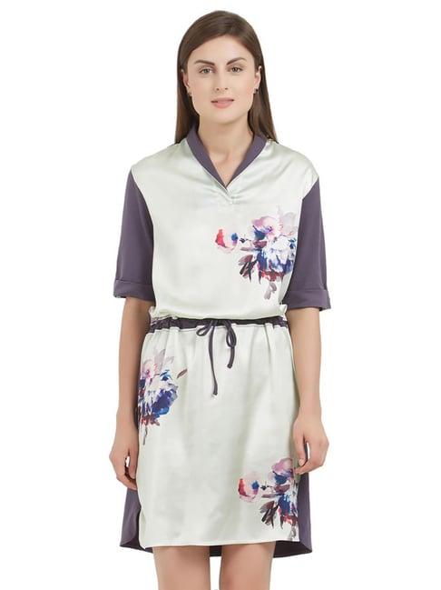 soie light grey & purple floral print night dress