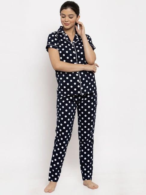 claura navy & white polka dot shirt with pyjamas