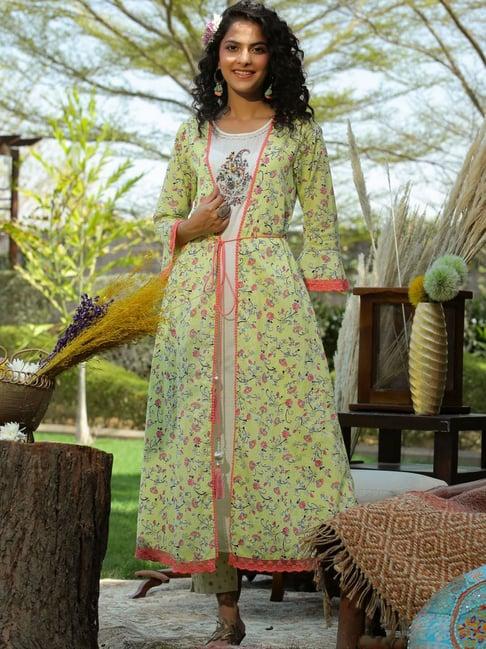 juniper lime green floral printed cotton lacy jacket style kurta with thread work & dori at waist