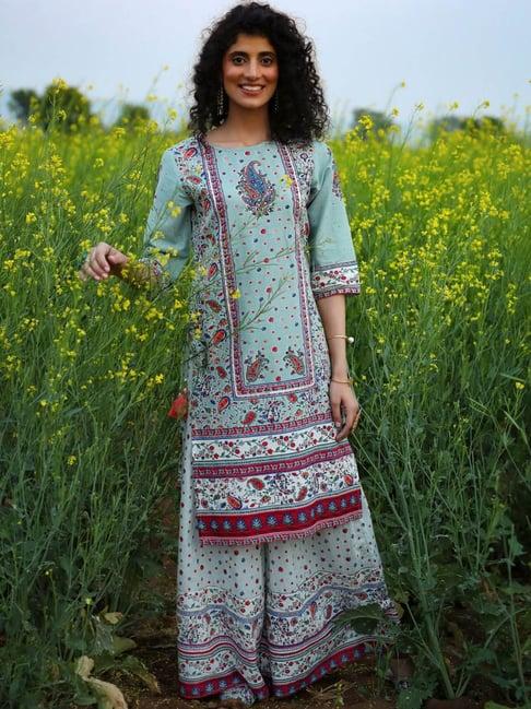 juniper grey floral printed pure cotton kurta palazzo & cotton voile dupatta set