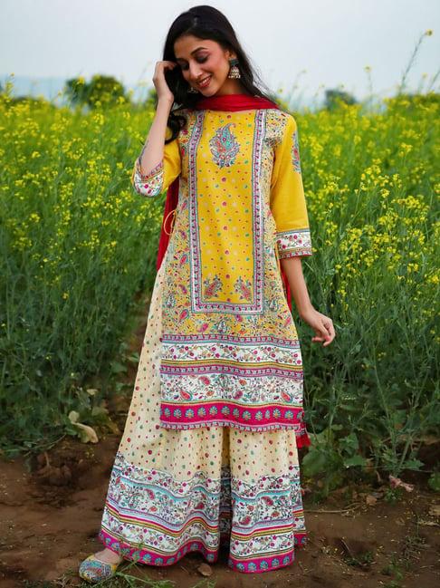 juniper yellow & beige printed kurta palazzo set with dupatta