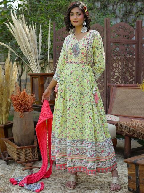 juniper green print maxi dress with dupatta & scrunchie