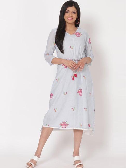 rangriti grey & white cotton printed a-line dress