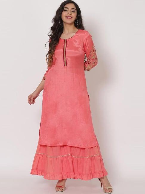 rangriti peach embroidered kurta sharara set