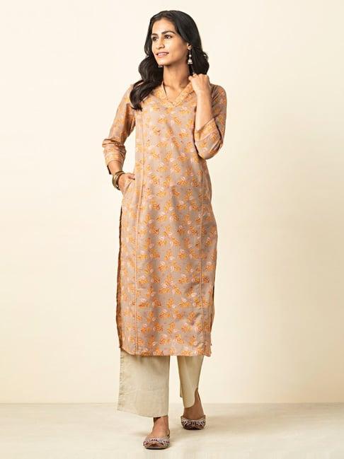 fabindia beige & yellow cotton printed straight kurta