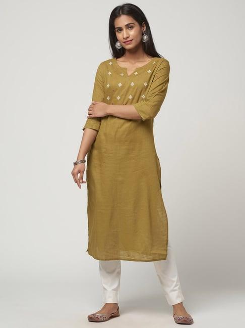 fabindia olive green cotton embellished straight kurta