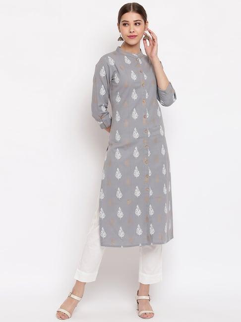 janasya pewter printed straight kurta