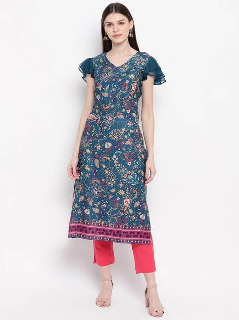 janasya blue printed straight kurta