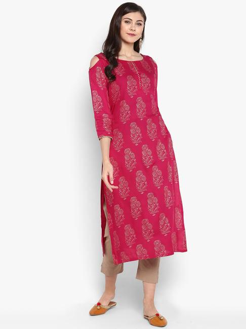 janasya fuchsia & khaki printed kurta pant set