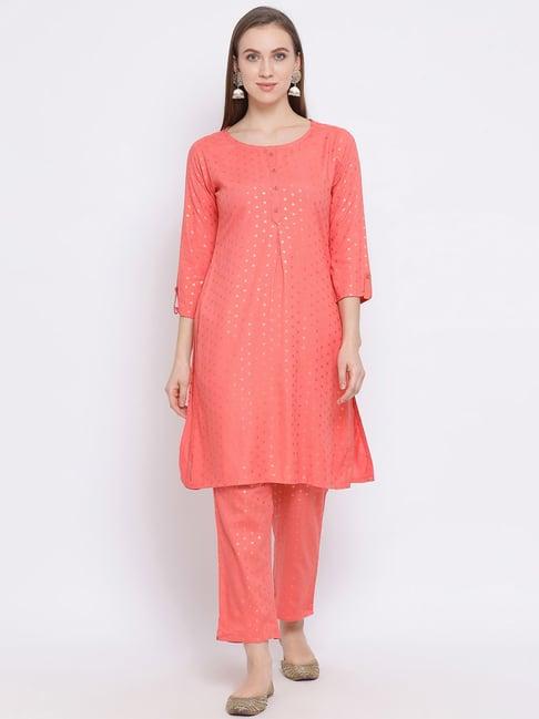 span coral round neck kurta pant set