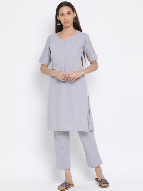 span grey round neck kurta pant set