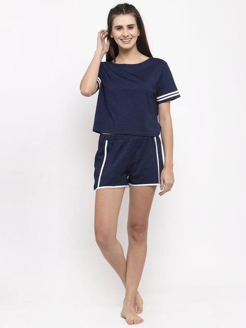 claura navy textured top with shorts