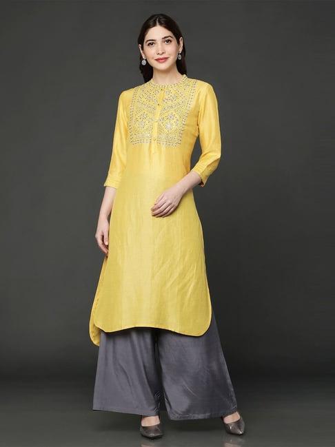 ojas design yellow & grey linen embroidered kurta palazzo set