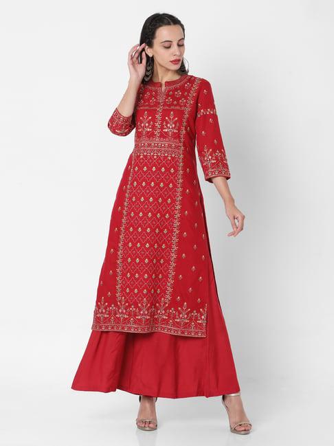 ojas design red embroidered kurta palazzo set