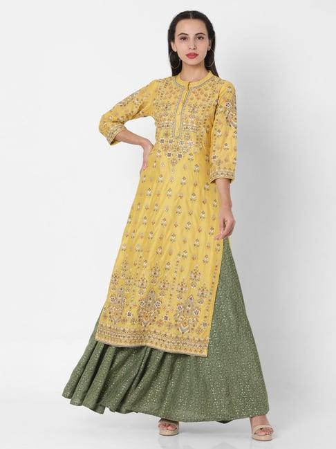 ojas design yellow & green embroidered kurta skirt set