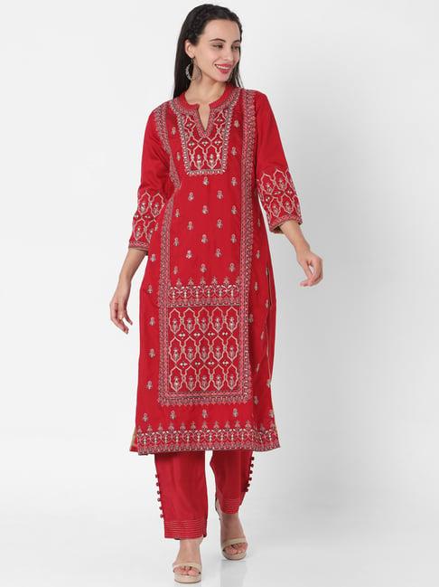 ojas design red embroidered kurta pant set