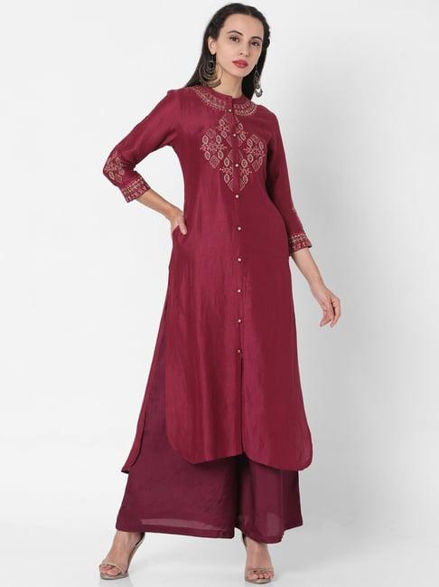 ojas design purple linen embroidered kurta palazzo set