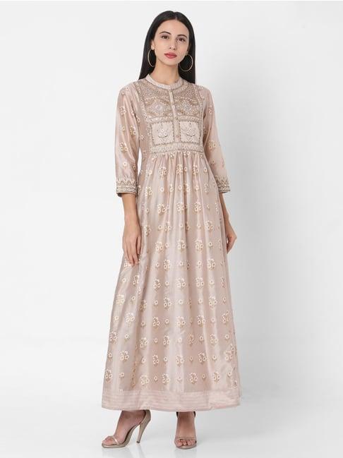 ojas design beige embroidered a line kurta