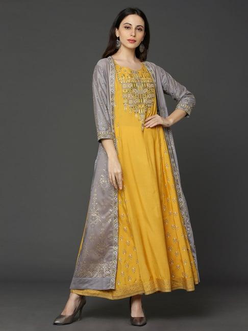 ojas design grey & yellow embroidered straight kurta