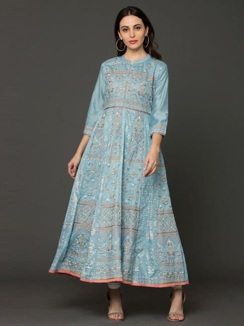 ojas design blue embroidered a line kurta