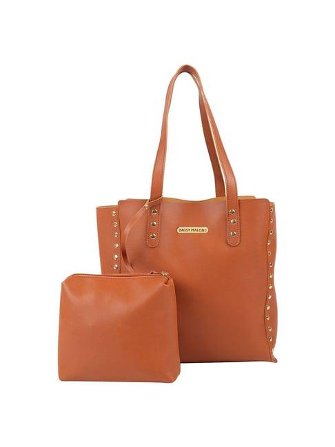 bagsy malone tan rivets medium tote handbag with pouch