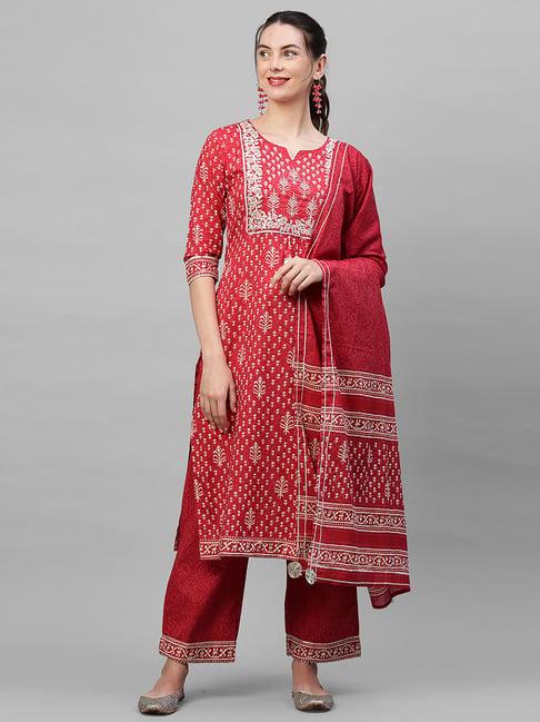 indo era red printed kurta with palazzo & dupatta