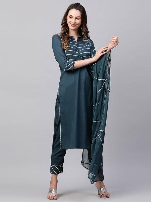 indo era teal embellished kurta with pant & dupatta