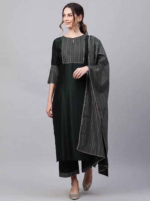 indo era dark green kurta with palazzo & dupatta