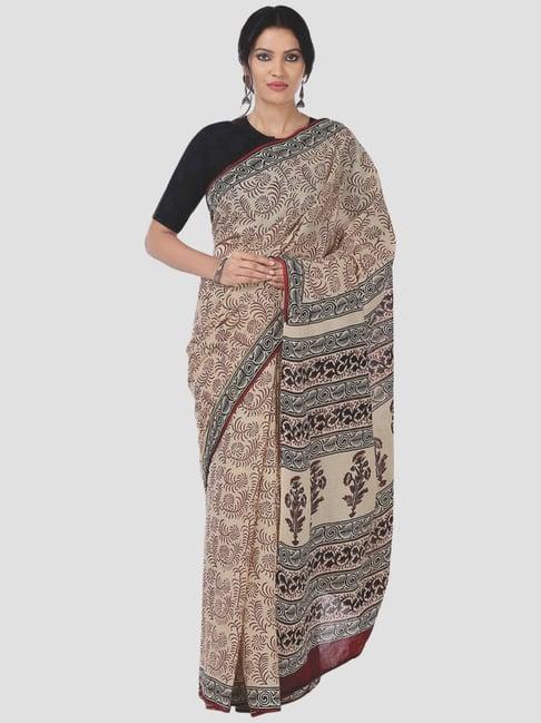 kalakari india beige cotton printed saree with unstitched blouse