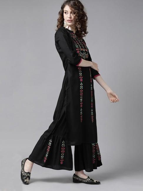 ishin black embroidered kurta with sharara & dupatta