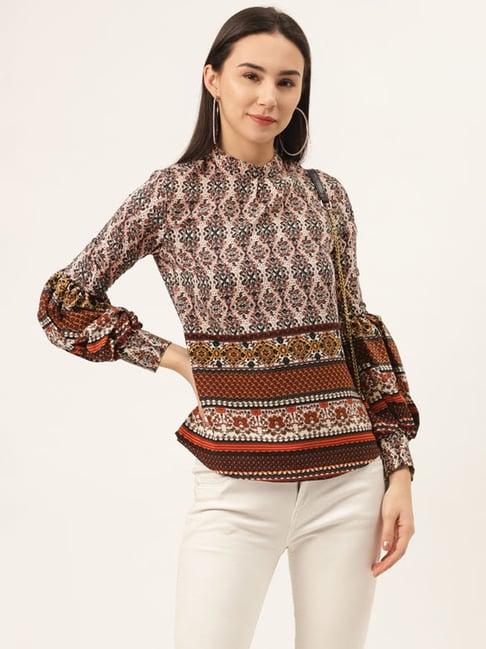 sheczzar beige & maroon printed top