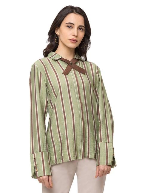 sheczzar green & brown striped shirt style top