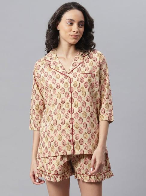 janasya beige printed shirt with shorts set