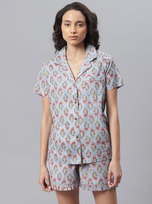 janasya grey printed shirt with shorts set