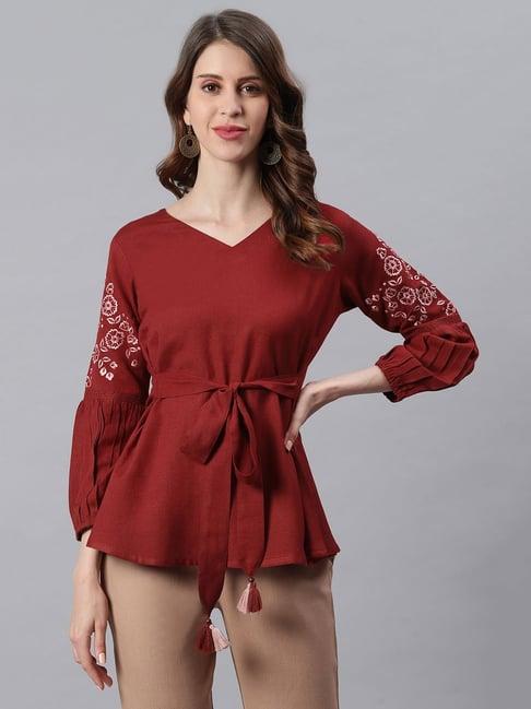 janasya maroon embroidered top