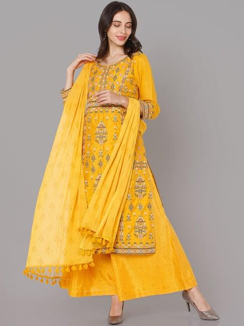 ojas design yellow embroidered kurta palazzo set with dupatta