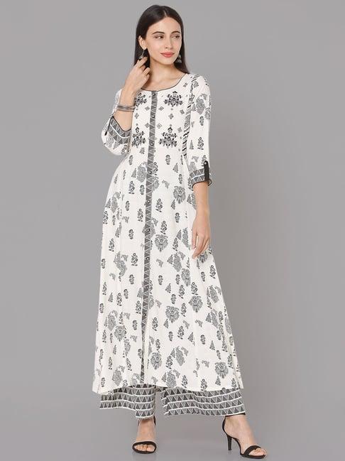 ojas design white & grey embroidered kurta palazzo set