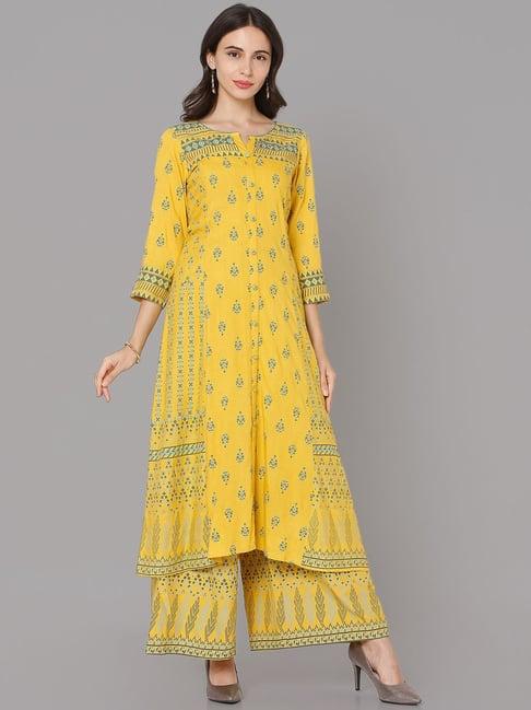 ojas design yellow embroidered kurta palazzo set