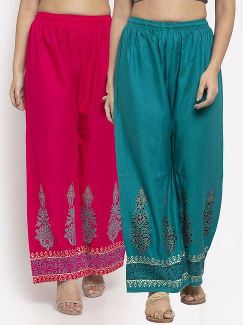 clora creation pink & turquoise printed palazzos - pack of 2