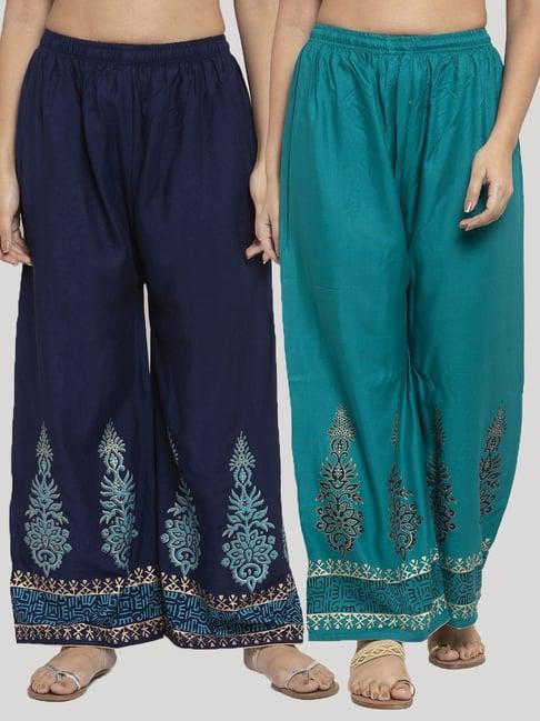 clora creation navy & turquoise printed palazzos - pack of 2