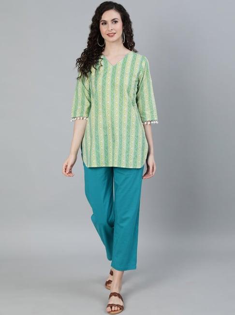 jaipur kurti green & blue printed kurti with pyjamas