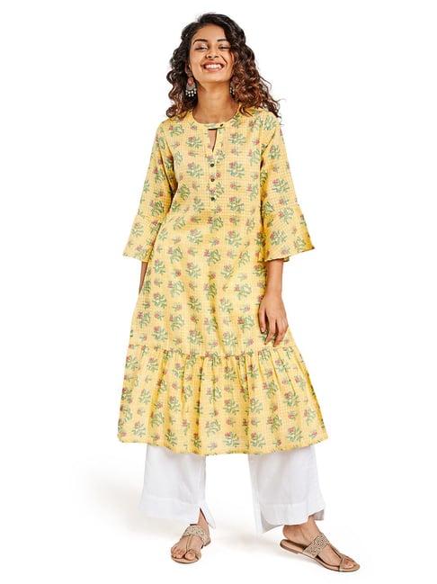 global desi mustard floral print kurta