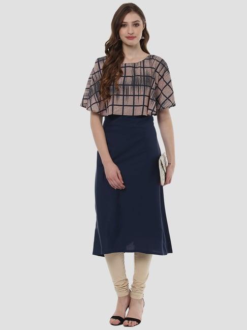 ziyaa beige & navy chequered top