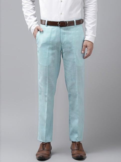 hangup sky blue cotton linen regular fit trousers