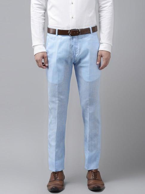 hangup sky blue cotton linen regular fit trousers