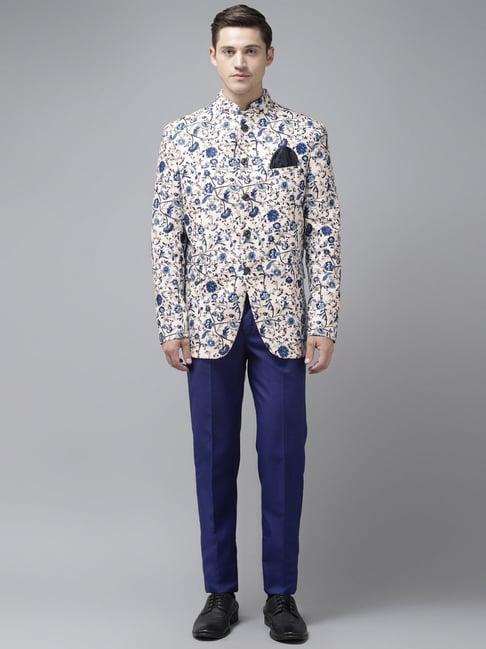 hangup cream & blue regular fit floral print two piece suit