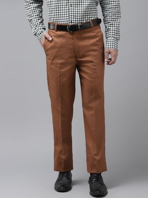 hangup brown regular fit flat front trousers