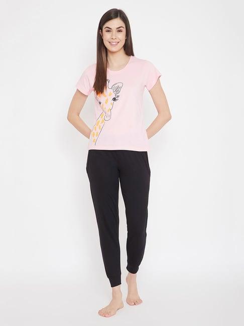 clovia pink & black printed top with joggers